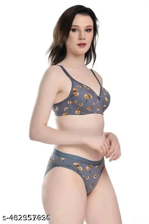 Women Cotton Blend Bra Panty Set Non (Pack of 3)