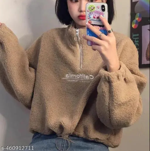 Beige california fleece zipper jacket for winter