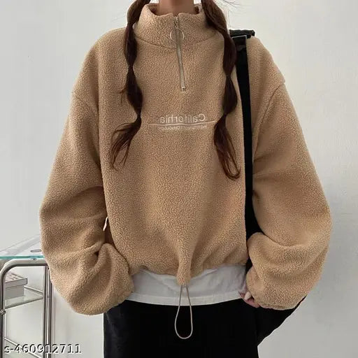 Beige california fleece zipper jacket for winter