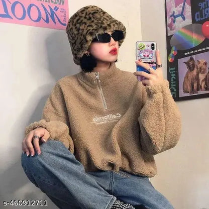 Beige california fleece zipper jacket for winter